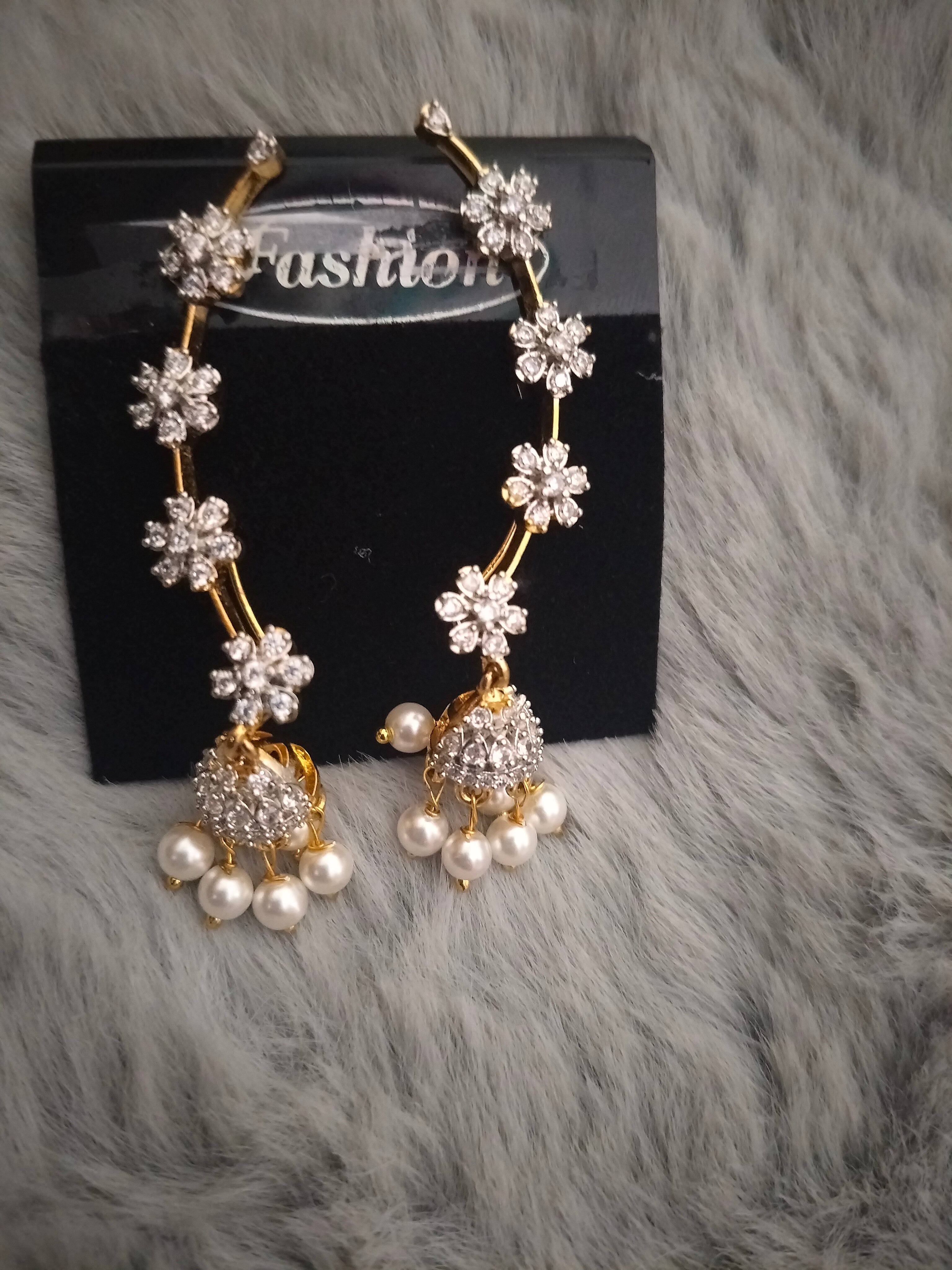Earcuffs along with jhumka with diamond finish