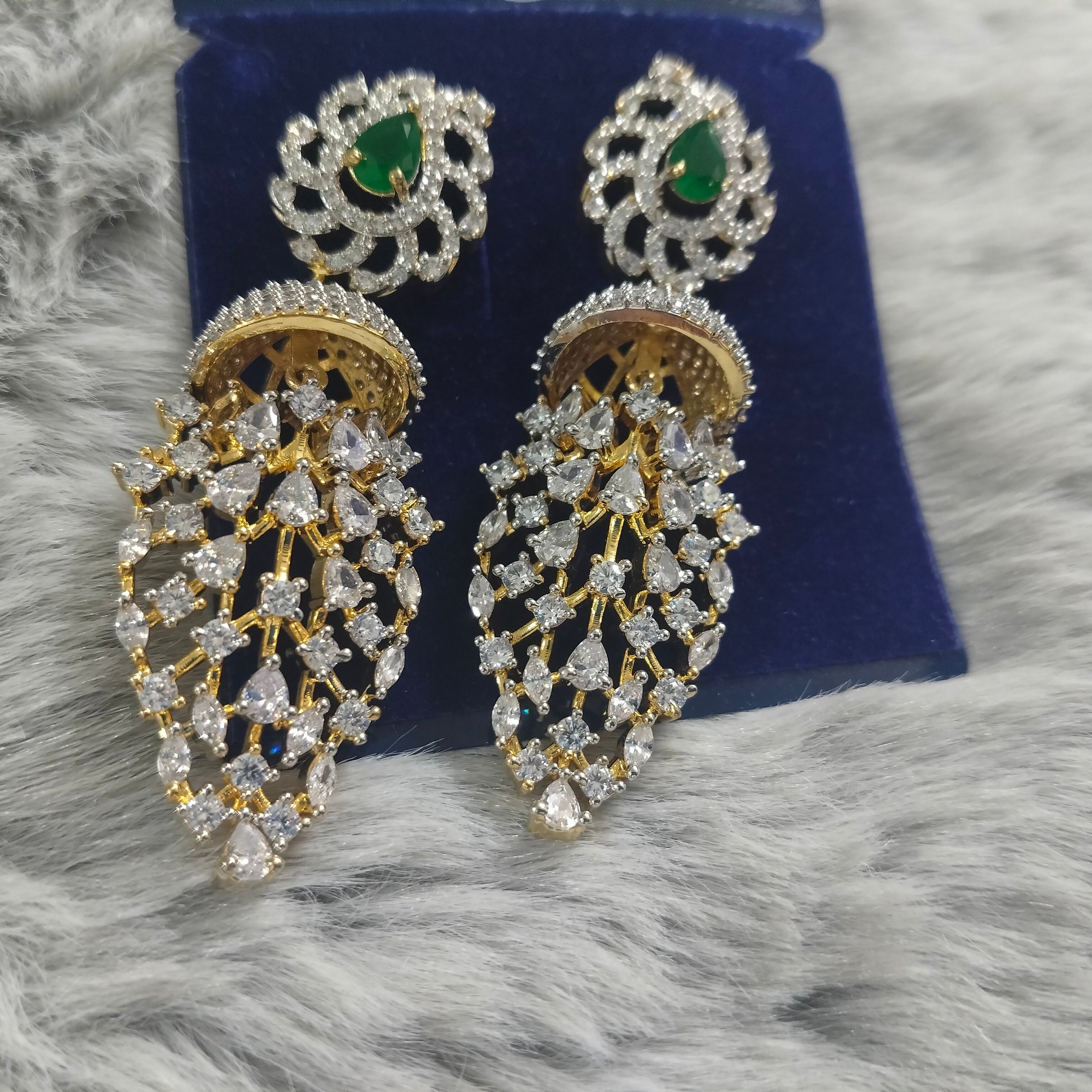 GJ Diamond finish CZ Jhumka Earrings with Emerald Accent